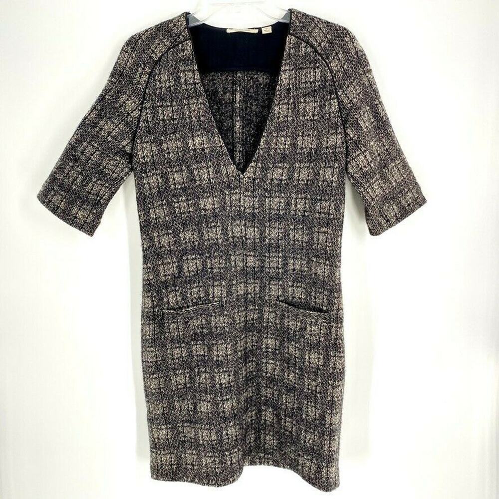 Country Road Womens Tweed Boucle Shift Dress XS Brown‎ Cotton Wool V-Neck XS